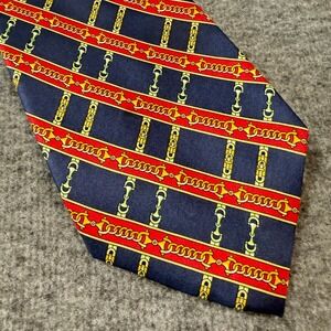 Pura Seta Silk Tie Mens Navy Blue Red Gold Equestrian Horse Bit Chain Italy